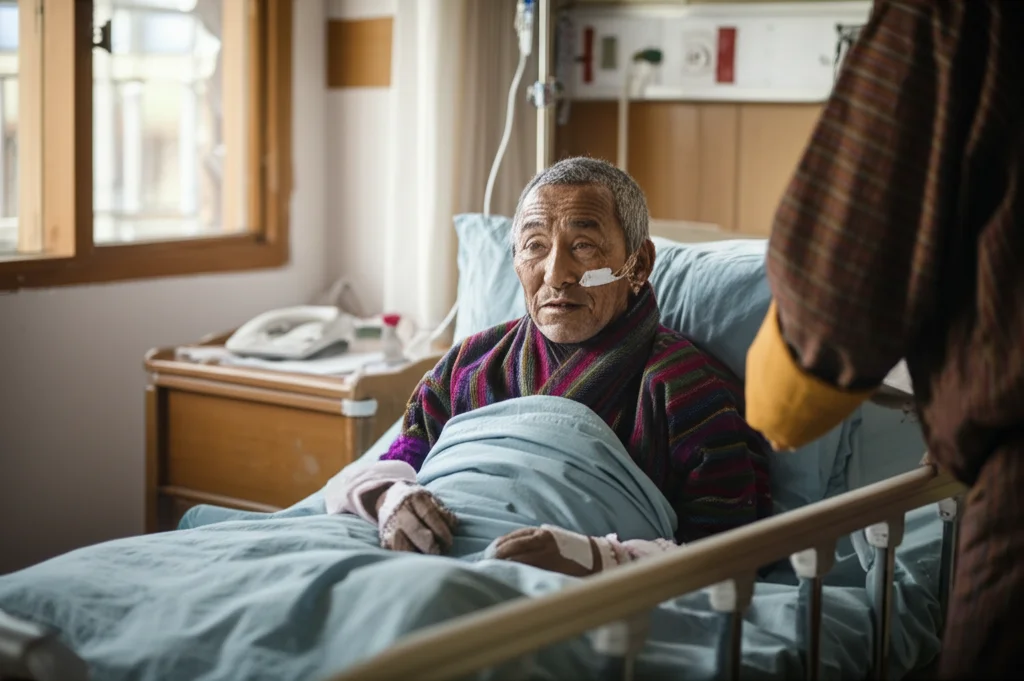 Ritratto fotografico di un paziente anziano bhutanese in un letto d'ospedale, con espressione preoccupata ma speranzosa, assistito da un infermiere. Obiettivo prime 50mm, profondità di campo ridotta per sfocare lo sfondo, illuminazione naturale da una finestra, toni caldi.