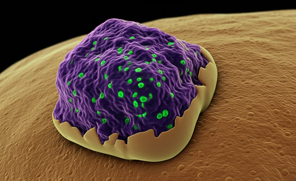 Visualizzazione 3D fotorealistica di uno scaffold PCL/β-TCP poroso impiantato in un difetto osseo alveolare simulato, con cellule staminali dentali luminescenti che colonizzano lo scaffold e iniziano a depositare matrice ossea. Illuminazione scientifica suggestiva, focus selettivo sullo scaffold e sulle cellule, alta definizione dei dettagli microscopici, stile illustrativo medico.