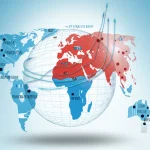Visualizzazione artistica di dati globali sulla salute materna, con una mappa del mondo stilizzata e curve di tendenza sovrapposte, che mostrano un calo generale ma con aree evidenziate di maggiore preoccupazione (rosso) e miglioramento (blu), illuminazione drammatica, alta definizione.