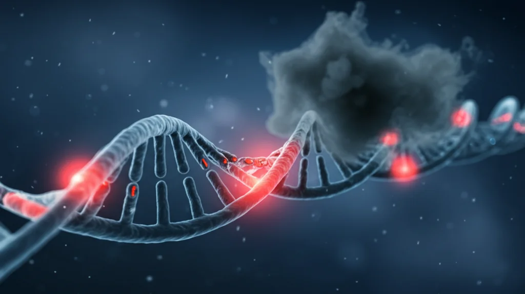 Visualizzazione artistica di una sequenza di DNA con marcatori epigenetici (metilazione) evidenziati in rosso brillante, collegati simbolicamente a una nuvola stilizzata di fumo di sigaretta grigio scuro su sfondo blu notte. Lente macro, 80mm, illuminazione drammatica laterale, alta definizione dei dettagli molecolari e del fumo.