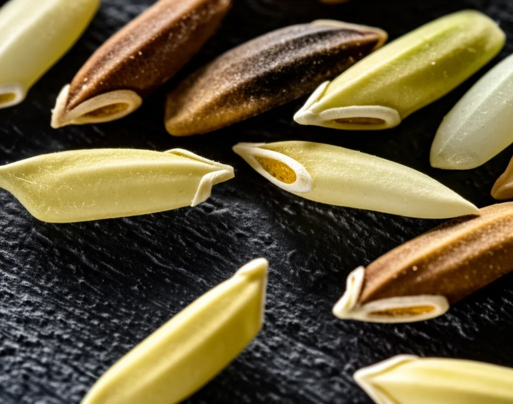 Fotografia macro di chicchi di riso di diverse dimensioni. In primo piano, alcuni chicchi di riso mutante ostgs1, notevolmente più grandi, accanto a chicchi di riso standard (wild type). I chicchi sono disposti su una superficie scura e testurizzata, forse legno grezzo o ardesia, per contrasto. Illuminazione laterale controllata per creare ombre morbide ed esaltare la forma tridimensionale e la texture dei chicchi. Obiettivo macro 100mm, alta definizione, messa a fuoco selettiva sui chicchi più grandi in primo piano, profondità di campo ridotta.