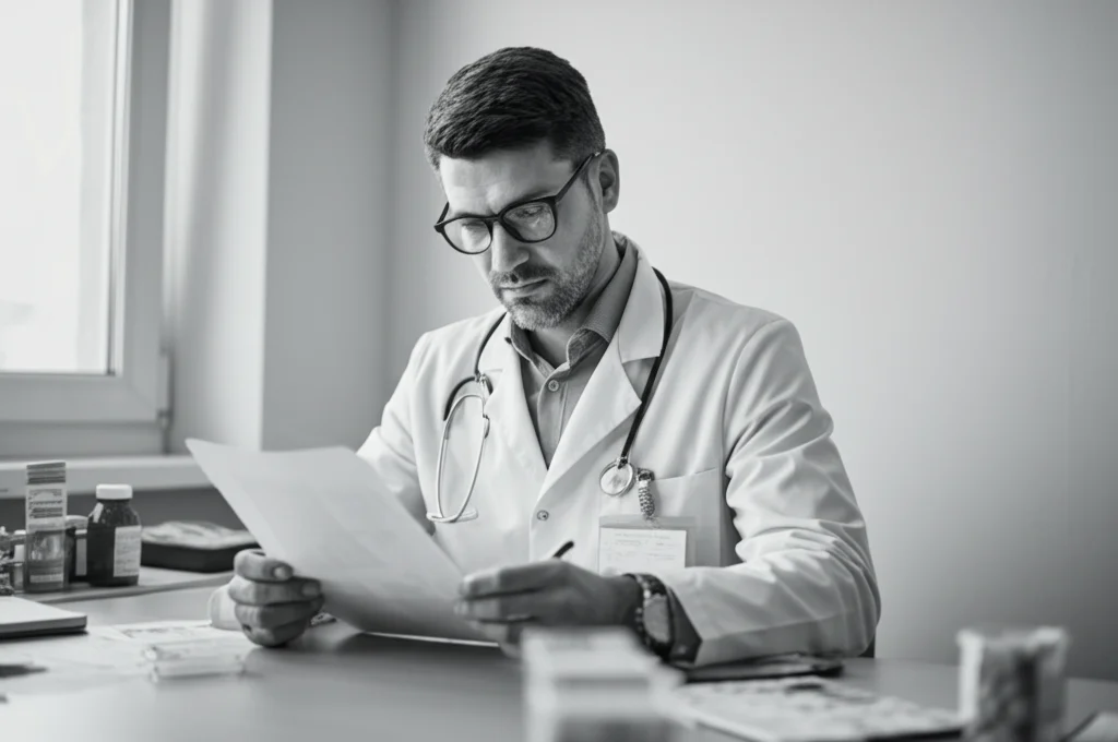 Fotografia ritratto di un medico di base pensieroso che guarda dei referti medici nel suo studio, luce naturale dalla finestra laterale, obiettivo 50mm, profondità di campo che sfoca leggermente lo sfondo con flaconi di medicinali, atmosfera seria ma umana, bianco e nero.
