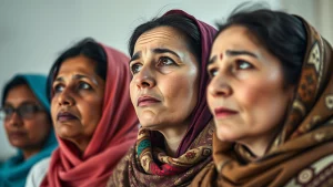 Fotografia ritratto realistica di un gruppo diversificato di donne (origini Africane, Mediorientali, Est Europee accennate sottilmente), che guardano avanti con un misto di speranza e preoccupazione. Trasmette il tema della vulnerabilità condivisa e del bisogno di supporto per la salute. Obiettivo 35mm, luce naturale, profondità di campo.
