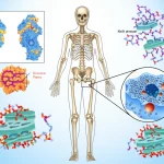 Illustrazione medica che mostra una figura umana stilizzata con evidenziazione dello scheletro e ingrandimenti della struttura ossea porosa tipica dell'osteoporosi, collegata simbolicamente a rappresentazioni molecolari della malattia di Fabry (accumuli lisosomiali, enzima carente), con colori scientifici blu, viola e arancione.