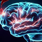 Immagine concettuale che mostra una goccia di sangue che cade su una rappresentazione stilizzata del cervello umano, con scie luminose che rappresentano i segnali neurali e i biomarcatori rilasciati, obiettivo macro 80mm, alta definizione, illuminazione drammatica con sfondo scuro.
