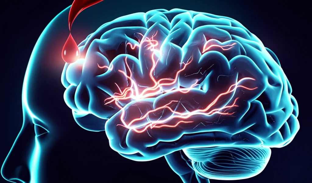 Immagine concettuale che mostra una goccia di sangue che cade su una rappresentazione stilizzata del cervello umano, con scie luminose che rappresentano i segnali neurali e i biomarcatori rilasciati, obiettivo macro 80mm, alta definizione, illuminazione drammatica con sfondo scuro.