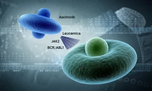 Immagine concettuale medica. Due molecole stilizzate (una blu per Asciminib, una verde per Ropeginterferon alfa-2b) che convergono verso una cellula stilizzata rappresentante una cellula leucemica con marcatori BCR::ABL1 e JAK2. Sfondo astratto high-tech con toni blu e grigi duotone. Illuminazione drammatica, focus selettivo sull'interazione molecola-cellula. Rappresenta la terapia combinata innovativa contro una leucemia complessa.