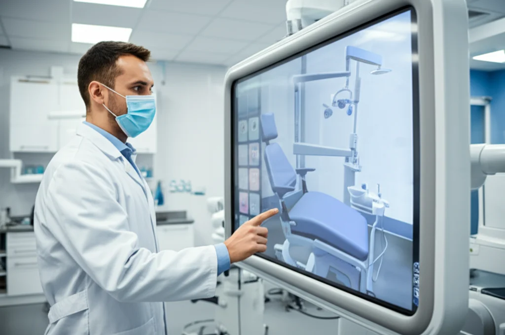 Immagine fotorealistica di uno studente di odontoiatria che interagisce con un'interfaccia di clinica dentale virtuale su un grande schermo touch-screen in un laboratorio moderno e luminoso, obiettivo 35mm, profondità di campo.