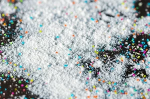 Immagine fotorealistica macro, obiettivo 105mm, alta definizione, illuminazione controllata da studio, che mostra polvere bianca fine di chitosano che sembra intrappolare o aggregare piccole particelle colorate di microplastica su uno sfondo neutro.
