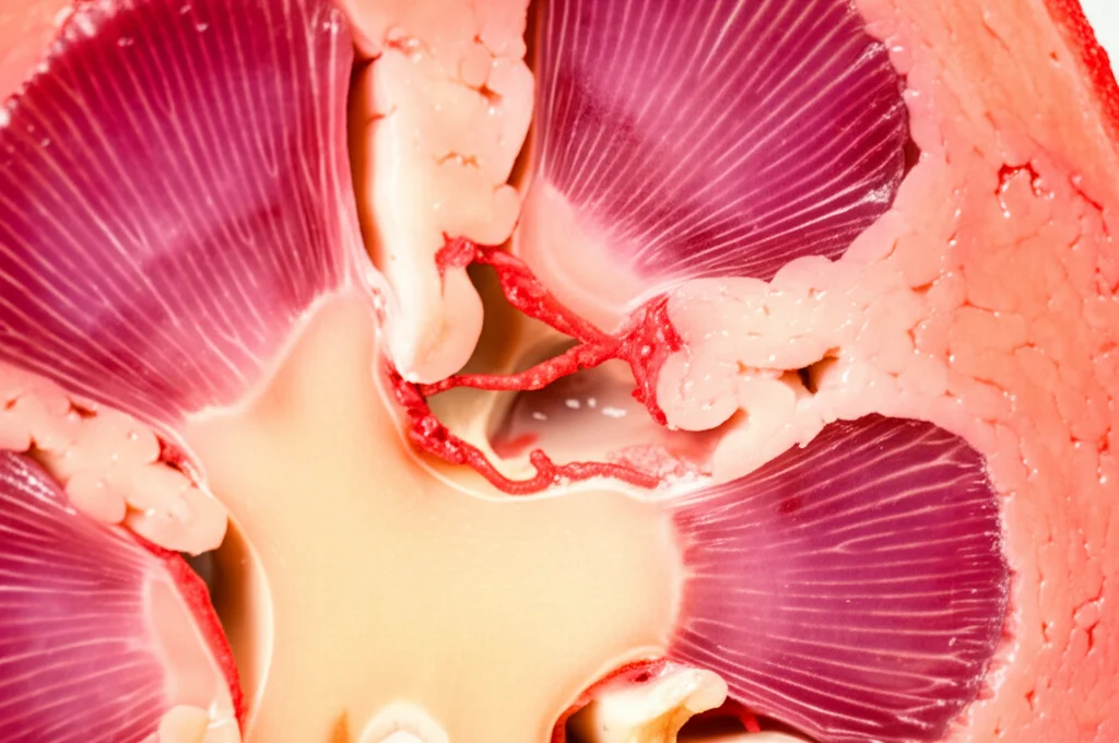 Immagine macro ad alta definizione di un rene umano sano sezionato, illuminazione da studio controllata per evidenziare la texture dettagliata del parenchima e della corteccia renale, obiettivo macro 100mm, messa a fuoco precisa sulla struttura interna per scopi medici ed educativi.