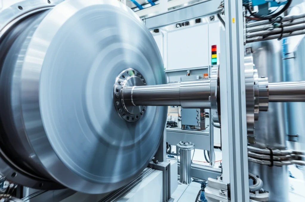 Primo piano di un moderno sistema di accumulo di energia a volano in funzione all'interno di un impianto industriale pulito. Luce controllata, dettagli nitidi del rotore in movimento (effetto motion blur leggero), messa a fuoco precisa sui componenti elettronici di controllo. Obiettivo macro 85mm, alta definizione.