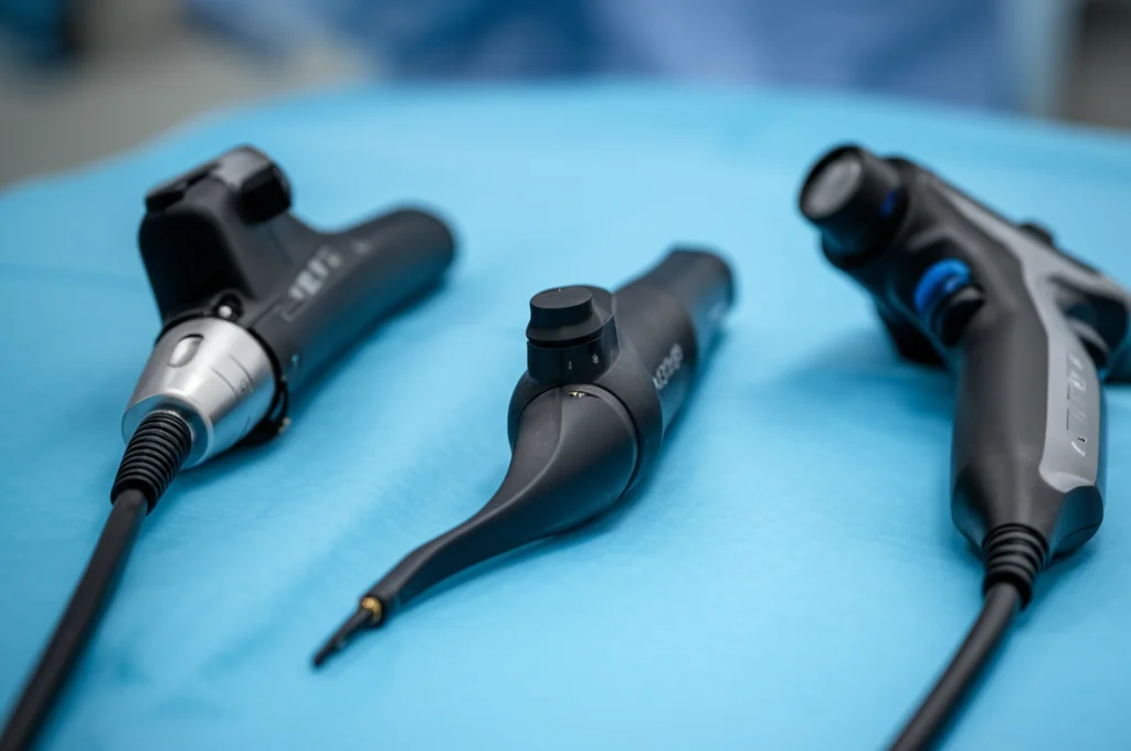 Primo piano fotorealistico di tre diversi videolaringoscopi (McGrath MAC, AIRWAY SCOPE, AceScope) appoggiati su un telo sterile blu in un ambiente clinico simulato, luce laterale morbida che evidenzia le texture dei materiali, profondità di campo ridotta, obiettivo macro 100mm, alta definizione.