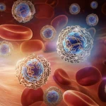 Rappresentazione astratta di cellule immunitarie che attaccano e danneggiano i glomeruli renali, portando alla deposizione di proteine amiloidi. Sottile effetto luminoso che indica infiammazione cronica. Dettaglio elevato, illustrazione medica concettuale, colori tenui con accenti infiammatori rossastri.