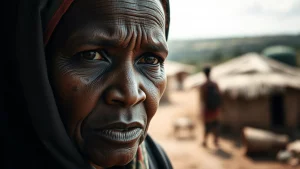 Ritratto intenso di una donna etiope del Tigray, obiettivo 50mm, luce naturale laterale che evidenzia la preoccupazione sul suo volto, sfondo leggermente sfocato di un villaggio colpito dal conflitto, colori desaturati, alta definizione, per rappresentare la crisi umanitaria.