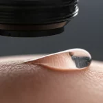 Scatto macro fotorealistico, lente macro da 85 mm, dettagli elevati, messa a fuoco precisa, illuminazione controllata, raffigurante una goccia di idrogel trasparente e avanzato che viene applicato a una ferita cutanea curativa, che mostra il gel conforme alla forma della ferita. Concentrati sulla consistenza del gel e della pelle.