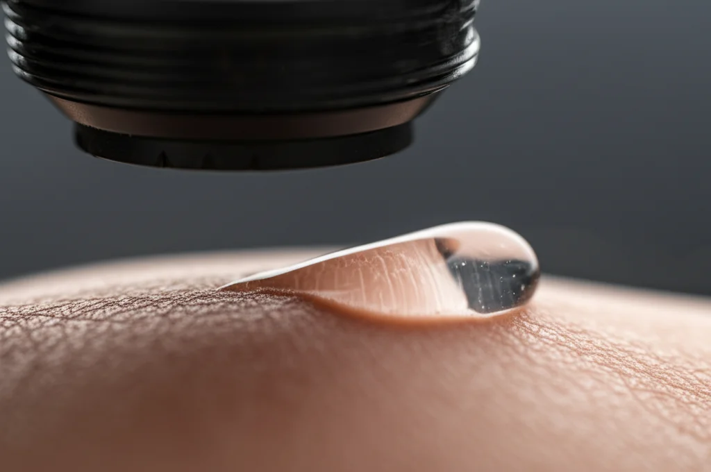 Scatto macro fotorealistico, lente macro da 85 mm, dettagli elevati, messa a fuoco precisa, illuminazione controllata, raffigurante una goccia di idrogel trasparente e avanzato che viene applicato a una ferita cutanea curativa, che mostra il gel conforme alla forma della ferita. Concentrati sulla consistenza del gel e della pelle.