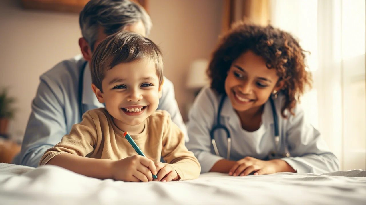 Un bambino sorridente disegna su un foglio mentre un medico attento lo osserva in un ambiente caldo e rassicurante, simboleggiando l'ascolto e la cura centrata sul bambino nelle cure palliative pediatriche. Fotografia ritratto, obiettivo 35mm, duotone blu e giallo caldo, profondità di campo.