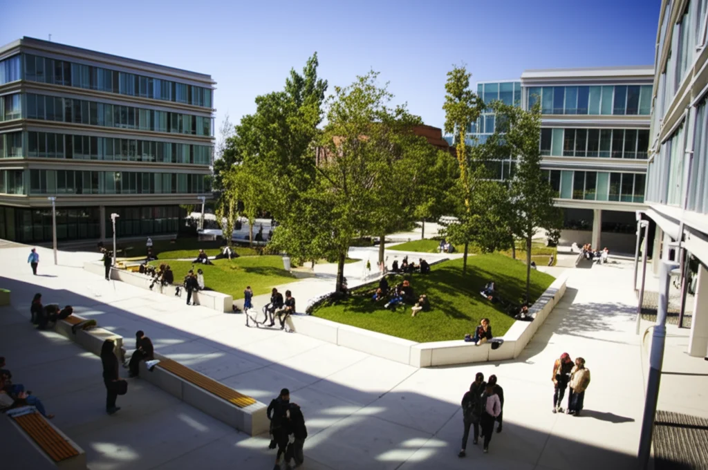 Veduta grandangolare di uno spazio comune universitario moderno e vibrante, con un mix equilibrato di architettura contemporanea, ampie aree verdi con alberi maturi, percorsi pedonali e studenti che si rilassano su panchine di design, studiano sull'erba e camminano in piccoli gruppi. Obiettivo grandangolare 15mm, luce solare del tardo pomeriggio che crea lunghe ombre, messa a fuoco nitida su tutta la scena, colori saturi, atmosfera serena ma energica.