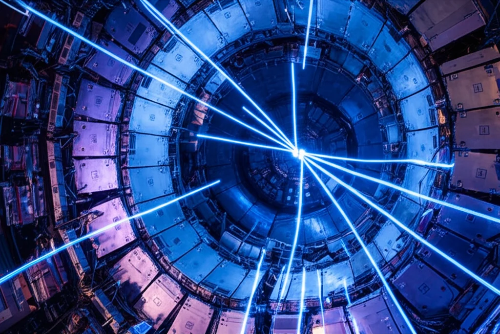 Visualizzazione artistica di tracce di particelle subatomiche generate in una collisione all'interno di un rivelatore dell'LHC, con linee luminose che si intersecano su uno sfondo scuro e tecnologico, evocando la complessità dei dati. Fotografia wide-angle, 15mm, sharp focus, long exposure per le tracce luminose.