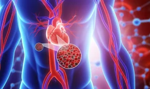Visualizzazione medica astratta che collega l'infiammazione articolare dell'artrite psoriasica con il cuore e i vasi sanguigni, evidenziando molecole di acido urico. Prime lens, 35mm, duotone blu e rosso, profondità di campo.