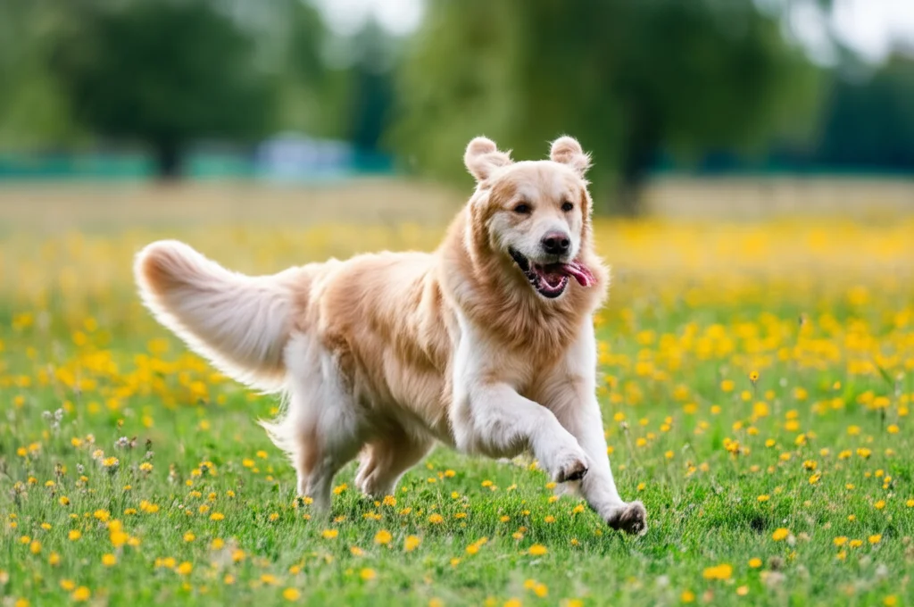 Cane Golden Retriever felice che corre in un prato fiorito, protetto efficacemente da zecche e malattia di Lyme grazie a un trattamento orale, fotografia di azione, teleobiettivo 200mm, fast shutter speed per congelare il movimento, luce solare diffusa.