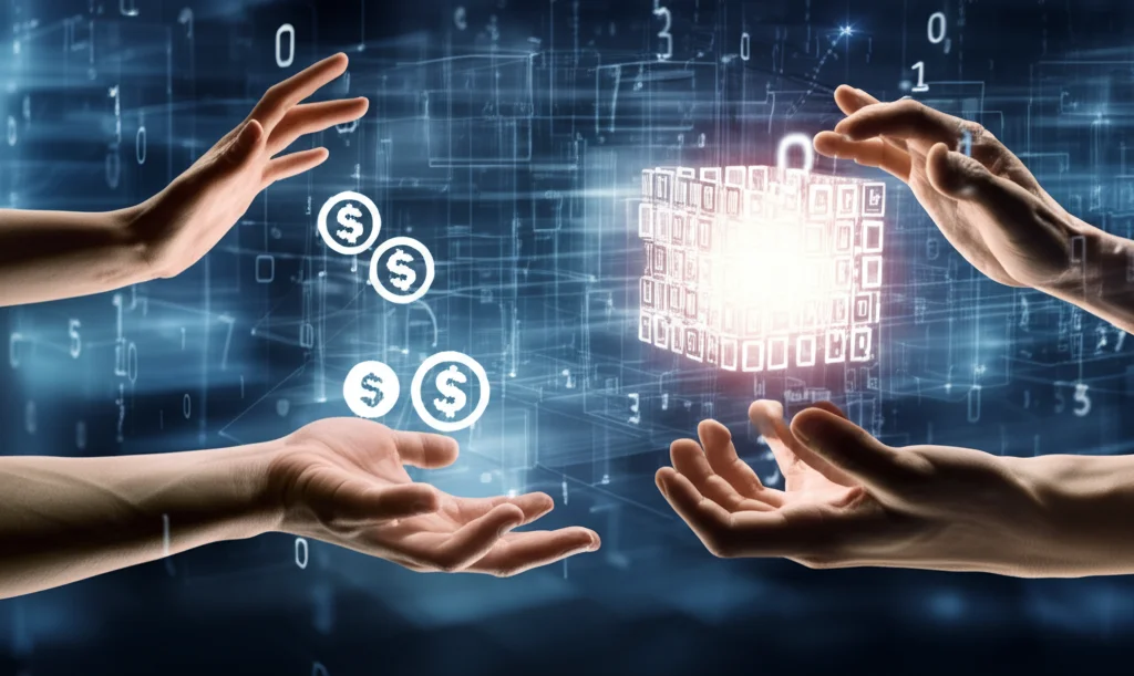 Fotografia concettuale, obiettivo 50mm, che mostra tre mani diverse che si protendono verso un flusso luminoso di dati digitali astratti fluttuanti su sfondo scuro; una mano offre monete stilizzate (vendere), una offre i dati liberamente con palmo aperto (donare), una scambia un cubo di dati luminoso con un altro (barattare). Illuminazione drammatica focalizzata sulle mani e sui dati, stile cinematografico, alta definizione.