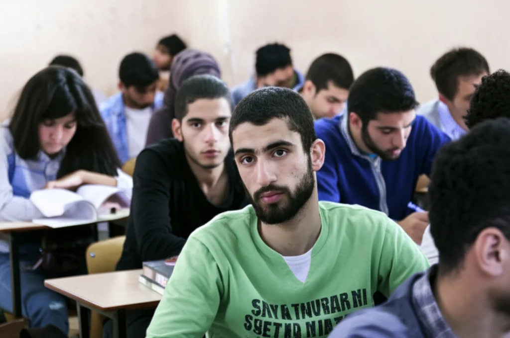Fotografia di ritratto, obiettivo 50mm, di un gruppo eterogeneo di giovani studenti rifugiati siriani in un'aula universitaria improvvisata o in un centro studi in Libano, alcuni guardano verso l'obiettivo con espressione mista di speranza e preoccupazione, altri sono chini sui libri o discutono tra loro, luce mista naturale e artificiale che crea un'atmosfera realistica, profondità di campo media per mostrare sia i volti che l'ambiente circostante, colori leggermente desaturati per sottolineare la difficoltà del contesto.
