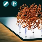Immagine concettuale fotorealistica, obiettivo prime 35mm con profondità di campo. Mostra una proteina di fusione stabile e luminosa (parte enzima ipertermofilo, parte citocromo rossastro) che trasferisce direttamente elettroni (rappresentati da scie luminose) a una superficie di elettrodo lucida e moderna. Lo sfondo suggerisce diverse applicazioni: icone stilizzate per diagnostica medica, analisi alimentare e monitoraggio ambientale. Illuminazione calda e ottimistica.