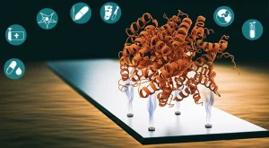 Immagine concettuale fotorealistica, obiettivo prime 35mm con profondità di campo. Mostra una proteina di fusione stabile e luminosa (parte enzima ipertermofilo, parte citocromo rossastro) che trasferisce direttamente elettroni (rappresentati da scie luminose) a una superficie di elettrodo lucida e moderna. Lo sfondo suggerisce diverse applicazioni: icone stilizzate per diagnostica medica, analisi alimentare e monitoraggio ambientale. Illuminazione calda e ottimistica.