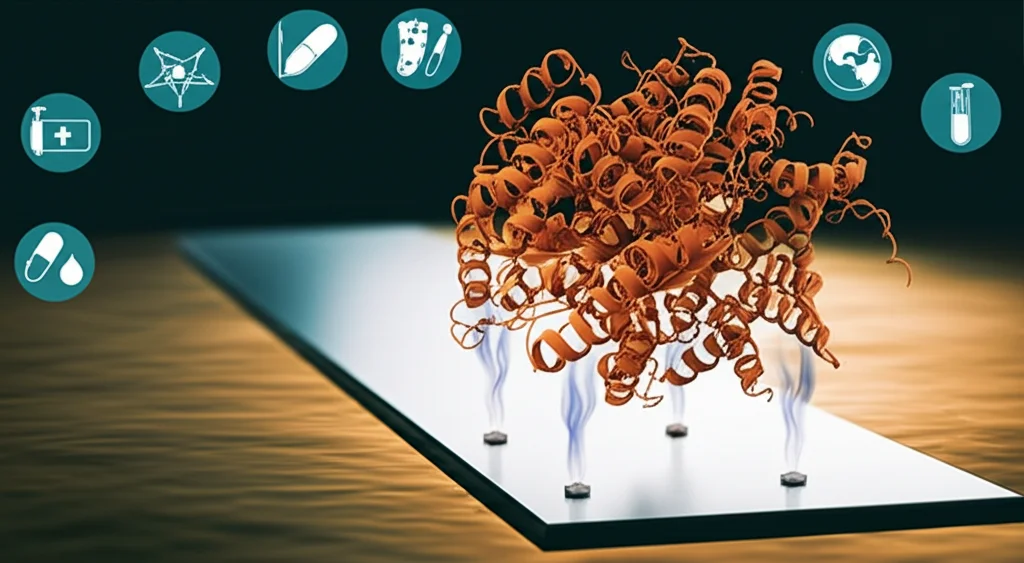 Immagine concettuale fotorealistica, obiettivo prime 35mm con profondità di campo. Mostra una proteina di fusione stabile e luminosa (parte enzima ipertermofilo, parte citocromo rossastro) che trasferisce direttamente elettroni (rappresentati da scie luminose) a una superficie di elettrodo lucida e moderna. Lo sfondo suggerisce diverse applicazioni: icone stilizzate per diagnostica medica, analisi alimentare e monitoraggio ambientale. Illuminazione calda e ottimistica.