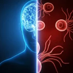 Immagine concettuale fotorealistica: una silhouette umana divisa verticalmente. La metà sinistra mostra un cervello stilizzato con linee luminose aggrovigliate che simboleggiano l'ansia, su uno sfondo blu scuro. La metà destra mostra cellule stilizzate che si dividono in modo anomalo (cancro) su uno sfondo rosso cupo. Le due metà sono separate da una linea sottile e luminosa. Obiettivo 50mm, illuminazione drammatica laterale che crea contrasto, profondità di campo media.