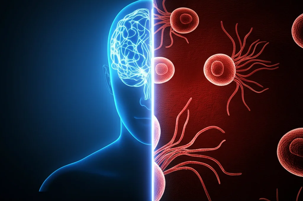 Immagine concettuale fotorealistica: una silhouette umana divisa verticalmente. La metà sinistra mostra un cervello stilizzato con linee luminose aggrovigliate che simboleggiano l'ansia, su uno sfondo blu scuro. La metà destra mostra cellule stilizzate che si dividono in modo anomalo (cancro) su uno sfondo rosso cupo. Le due metà sono separate da una linea sottile e luminosa. Obiettivo 50mm, illuminazione drammatica laterale che crea contrasto, profondità di campo media.