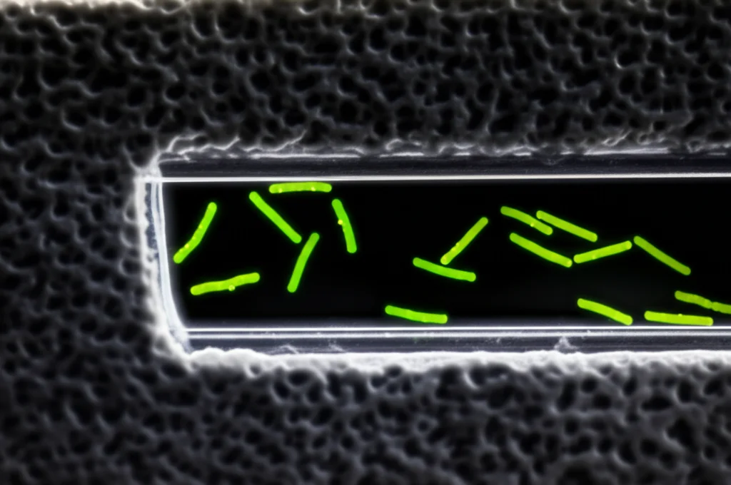 Immagine macro ad alta definizione di un dispositivo microfluidico 'suolo-su-chip'. Canali trasparenti di pochi micrometri di larghezza simulano i pori del suolo, con batteri Bradyrhizobium diazoefficiens (visibili come piccoli punti luminosi) che nuotano attivamente al loro interno. Illuminazione laterale controllata per evidenziare i batteri e la struttura tridimensionale dei canali. Lente macro 90mm, messa a fuoco selettiva sui batteri in movimento, alta definizione.