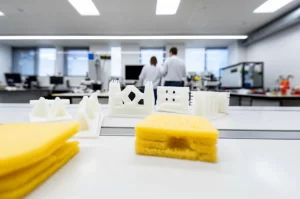 Scatto grandangolare, obiettivo 24mm, che mostra diverse strutture sandwich in schiuma di PLA stampate in 3D con diverse densità e pattern interni, disposte esteticamente. Alcune mostrano danni da impatto. Ambiente di laboratorio luminoso e pulito, che enfatizza innovazione e sostenibilità.