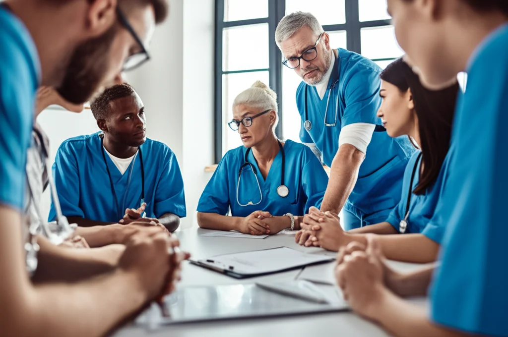 Un gruppo eterogeneo di operatori sanitari e sociali (infermiere, assistente sociale, medico) in una riunione informale ma intensa, discutono attorno a un tavolo con documenti sparsi, espressioni concentrate ma collaborative, luce naturale da una finestra laterale, stile fotorealistico, obiettivo 35mm, profondità di campo per mettere a fuoco il gruppo.