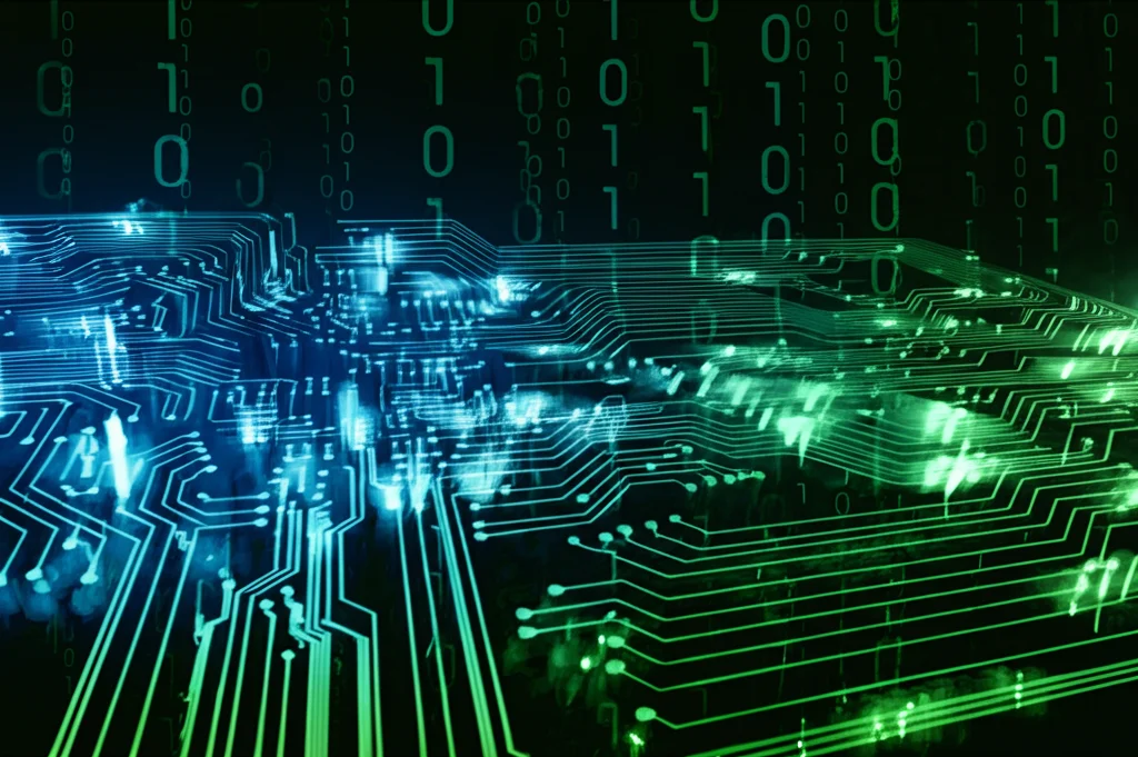 Visualizzazione astratta di dati digitali binari ('0' e '1') che vengono compressi e fluiscono velocemente attraverso circuiti luminosi su sfondo scuro, simboleggiando ricerca efficiente ed energetica, colori blu elettrico e verde acido duotone, obiettivo 35mm, profondità di campo.