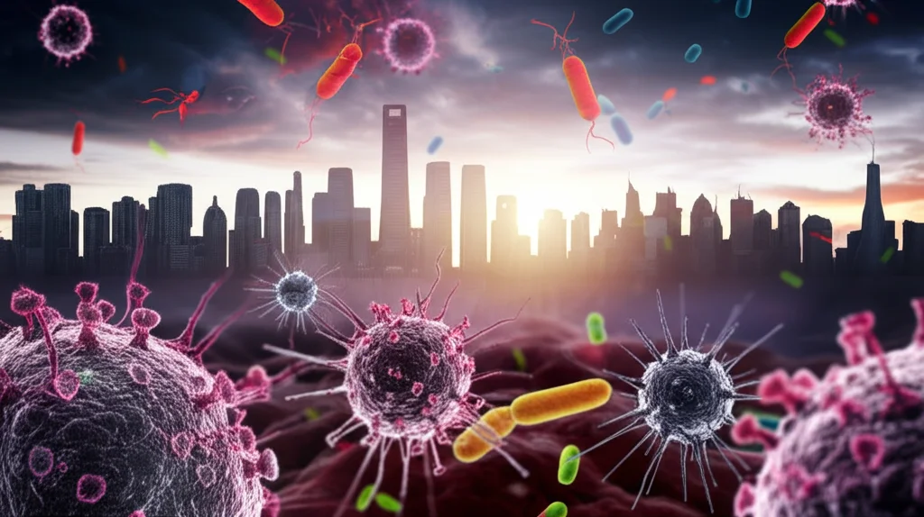 Visualizzazione astratta di particelle virali di Epatite B, HIV e batteri della Tubercolosi che interagiscono su uno sfondo che rappresenta la skyline stilizzata di Pechino al tramonto, stile fotorealistico, obiettivo macro 105mm, alta definizione, illuminazione drammatica.