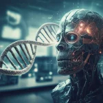 Visualizzazione concettuale dell'intelligenza artificiale che analizza eliche di DNA e dati genetici per identificare biomarcatori del cancro al polmone, stile fotorealistico high-tech, illuminazione da laboratorio futuristica, obiettivo prime 35mm, profondità di campo accentuata.