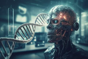 Visualizzazione concettuale dell'intelligenza artificiale che analizza eliche di DNA e dati genetici per identificare biomarcatori del cancro al polmone, stile fotorealistico high-tech, illuminazione da laboratorio futuristica, obiettivo prime 35mm, profondità di campo accentuata.