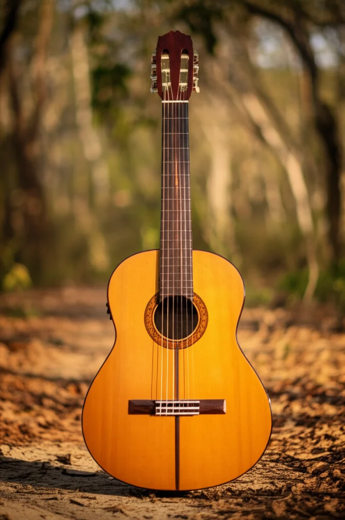 Chitarra classica finita, in primo piano la tastiera e le fasce realizzate con legni tropicali messicani alternativi come Tepemezquite e Zocón, appoggiata in un ambiente naturale che richiama la foresta secca messicana, luce naturale calda del tardo pomeriggio, obiettivo prime 50mm, profondità di campo ridotta per sfocare leggermente lo sfondo e far risaltare la chitarra.