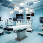 Fotografia ad angolo largo, obiettivo da 15 mm, vista interna di un laboratorio di elettrofisiologia moderna e vivace, che mostra schermate di attrezzature per monitoraggio cardiaco avanzato che mostrano forme d'onda ECG, una tabella di procedura al centro sotto le luci focalizzate, focus acuto attraverso la stanza, trasmettendo cure mediche ad alta tecnologia e prontezza per le procedure di impianto dell'ICD.