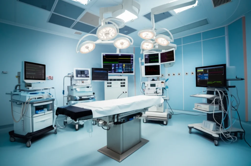 Fotografia ad angolo largo, obiettivo da 15 mm, vista interna di un laboratorio di elettrofisiologia moderna e vivace, che mostra schermate di attrezzature per monitoraggio cardiaco avanzato che mostrano forme d'onda ECG, una tabella di procedura al centro sotto le luci focalizzate, focus acuto attraverso la stanza, trasmettendo cure mediche ad alta tecnologia e prontezza per le procedure di impianto dell'ICD.