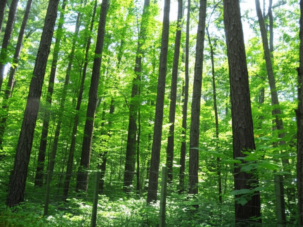 Fotografia paesaggistica, obiettivo grandangolare 20mm, di una giovane foresta mista in crescita vigorosa all'interno di un'area protetta da recinzione nel New England; si notano alberi nativi e specie introdotte tramite migrazione assistita (come pini taeda dal tronco slanciato e liquidambar dalle foglie palmate) che raggiungono diverse altezze, creando una struttura variegata; luce solare brillante che filtra attraverso il fogliame verde intenso, tipica di una giornata di inizio estate, mettendo in risalto la salute della foresta in transizione.