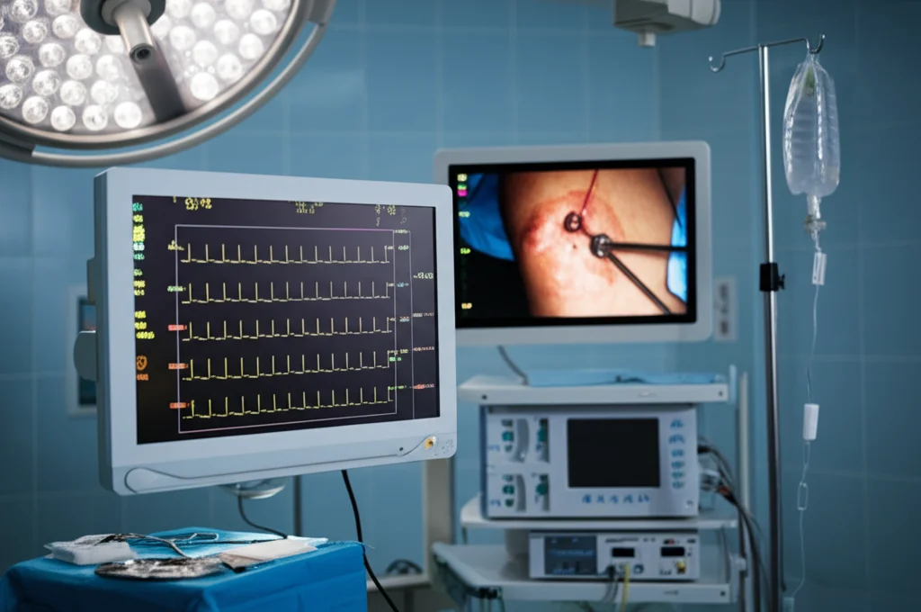 Fotografia realistica di una sala operatoria moderna durante un intervento all'anca, focus su un monitor paziente che mostra un tracciato della pressione arteriosa con evidente variabilità, luce chirurgica intensa, dettagli nitidi sull'attrezzatura, obiettivo 24mm per un contesto ampio ma con focus sul monitor.