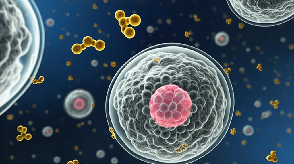 Immagine concettuale fotorealistica di cellule staminali embrionali umane naive (sfere luminose e traslucide) che si differenziano in cellule del trofoectoderma (struttura cellulare più definita e opaca). Molecole di alfa-chetoglutarato (piccole sfere dorate brillanti) fluttuano intorno e interagiscono con i nuclei cellulari. Illuminazione drammatica laterale, dettagli molecolari visibili, obiettivo macro 85mm, focus sulla transizione tra i due tipi cellulari.
