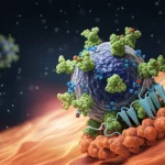 Immagine fotorealistica di un modello 3D del virus della Peste Suina Africana (ASFV), struttura complessa e sfaccettata, accanto a un recettore IFNAR2 stilizzato su una membrana cellulare, illuminazione drammatica laterale che evidenzia le texture, profondità di campo ridotta per focalizzare sull'interazione virale, lente prime 50mm, dettagli molecolari ultra-realistici, sfondo scuro e scientifico.