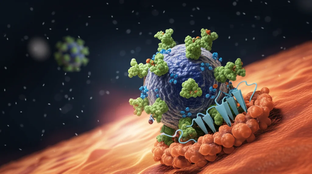 Immagine fotorealistica di un modello 3D del virus della Peste Suina Africana (ASFV), struttura complessa e sfaccettata, accanto a un recettore IFNAR2 stilizzato su una membrana cellulare, illuminazione drammatica laterale che evidenzia le texture, profondità di campo ridotta per focalizzare sull'interazione virale, lente prime 50mm, dettagli molecolari ultra-realistici, sfondo scuro e scientifico.