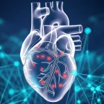 Immagine fotorealistica, obiettivo prime, 35mm, profondità di campo, che mostra un cuore umano traslucido con mitocondri luminosi visibili all'interno, sovrapposto a connessioni di rete astratte che rappresentano l'analisi dei dati e le interazioni proteiche.