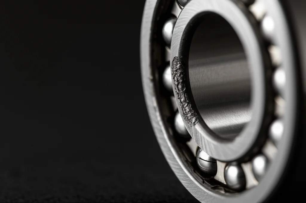 Primo piano fotorealistico di un cuscinetto a sfere industriale sezionato, obiettivo macro 100mm, alta definizione che mostra chiaramente sia una pista interna danneggiata (pitting) sia una sfera con una micro-crepa, illuminazione drammatica controllata che enfatizza le imperfezioni, sfondo scuro e sfocato.