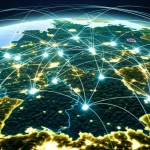 Veduta aerea grandangolare di una mappa stilizzata della Germania con 18 punti luminosi interconnessi che rappresentano i centri studio NAKO. Sovrapposta alla mappa, una rete astratta di dati sanitari (linee, grafici). Obiettivo grandangolare 15mm, messa a fuoco nitida su tutta l'immagine, luce ambientale morbida.